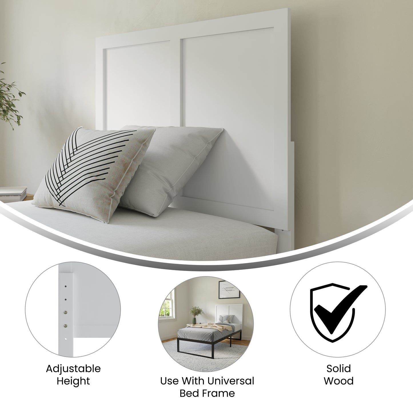Oliver Twin Size Two Panel Wooden Adjustable Headboard for Universal Metal Bed Frames in White White