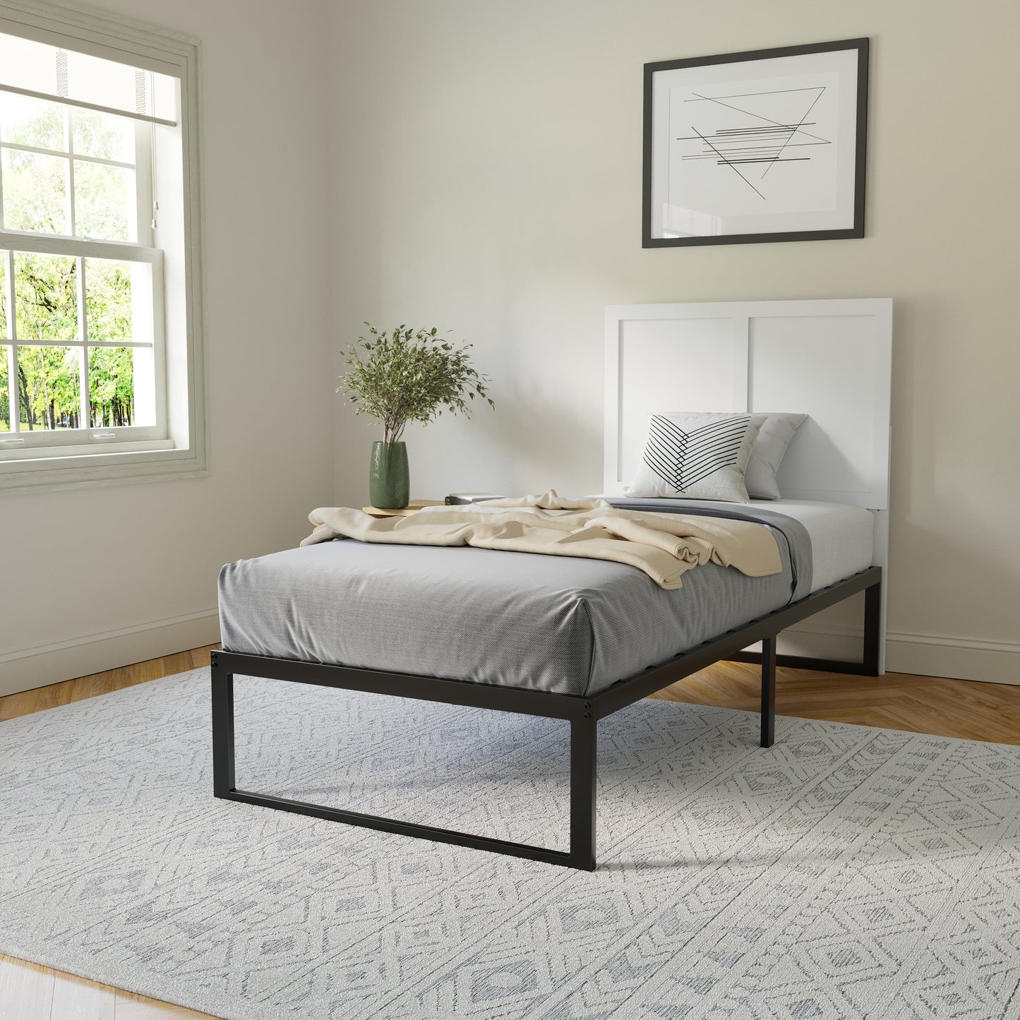 Oliver Twin Size Two Panel Wooden Adjustable Headboard for Universal Metal Bed Frames in White White