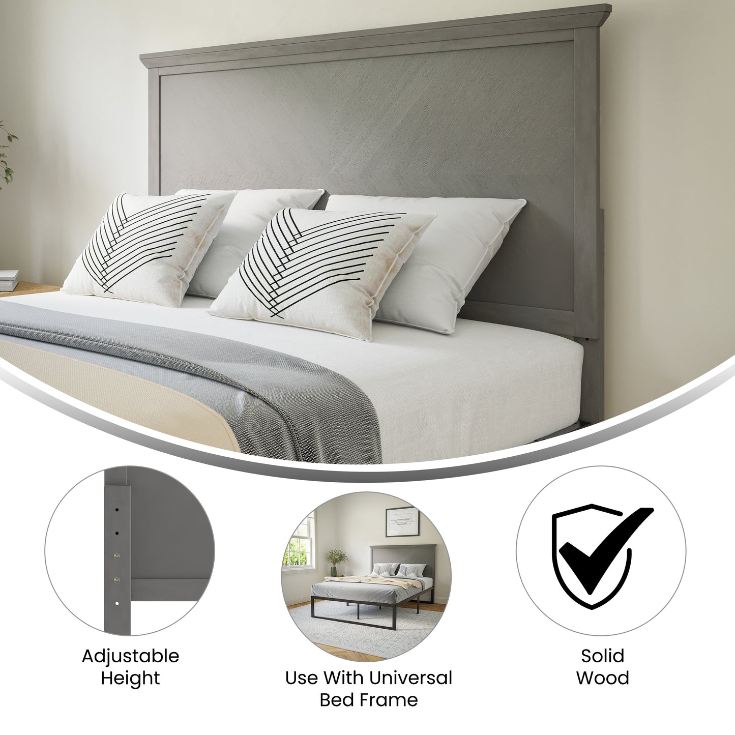 Fiona Full Size Herringbone Wooden Adjustable Headboard for Universal Metal Bed Frames in Gray Wash Gray Wash
