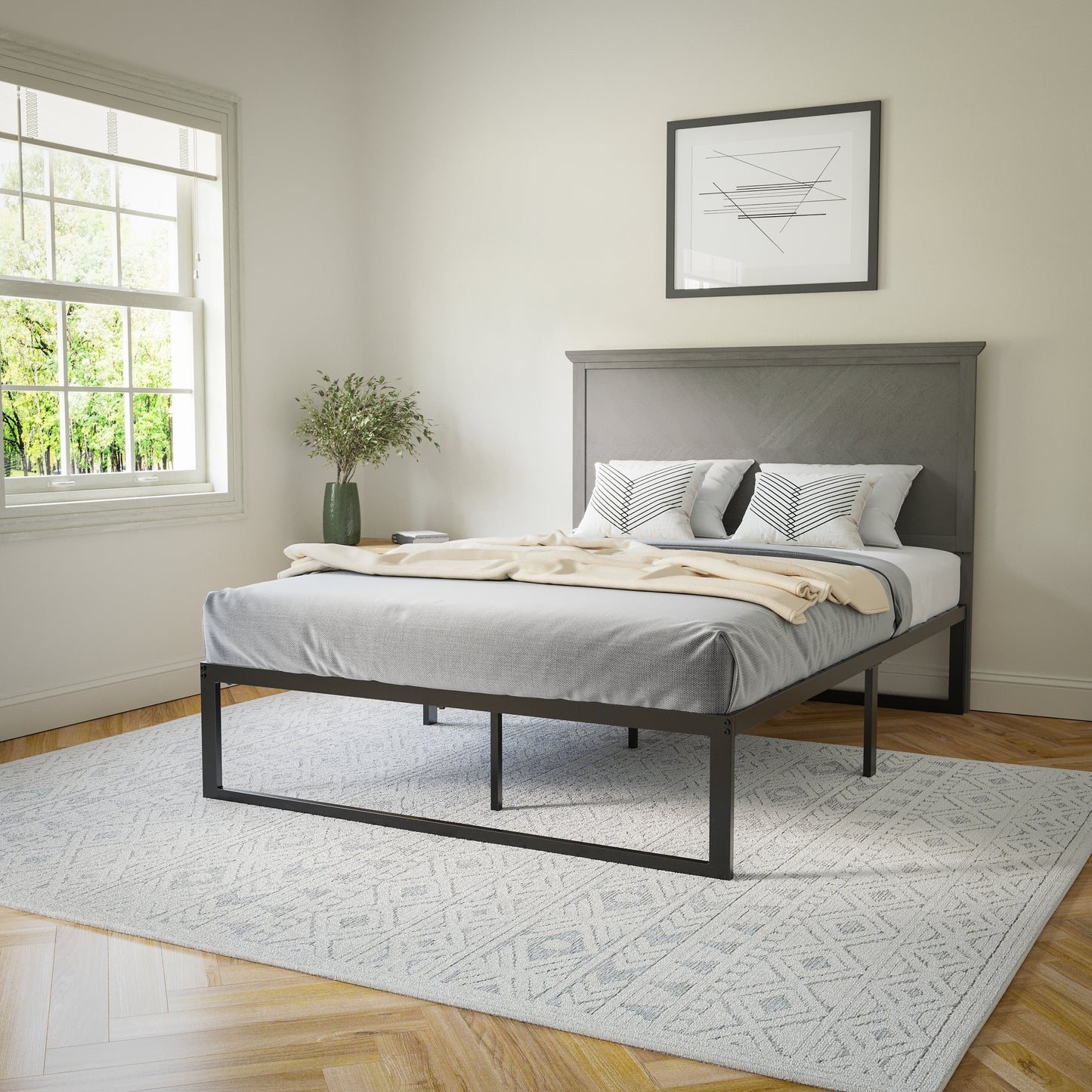 Fiona Full Size Herringbone Wooden Adjustable Headboard for Universal Metal Bed Frames in Gray Wash Gray Wash