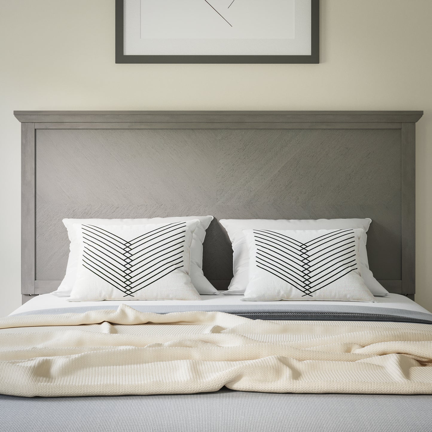 Fiona Full Size Herringbone Wooden Adjustable Headboard for Universal Metal Bed Frames in Gray Wash Gray Wash