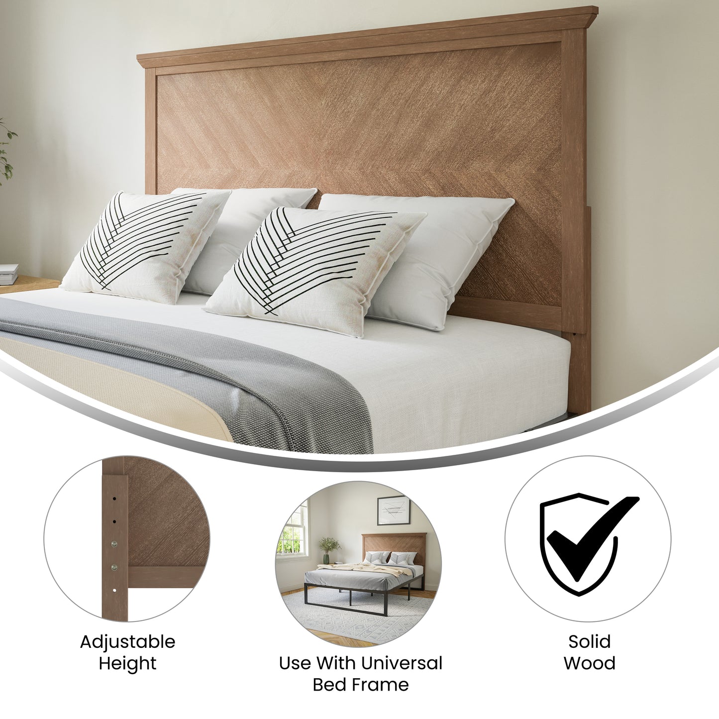 Fiona Full Size Herringbone Wooden Adjustable Headboard for Universal Metal Bed Frames Light Brown Light Brown