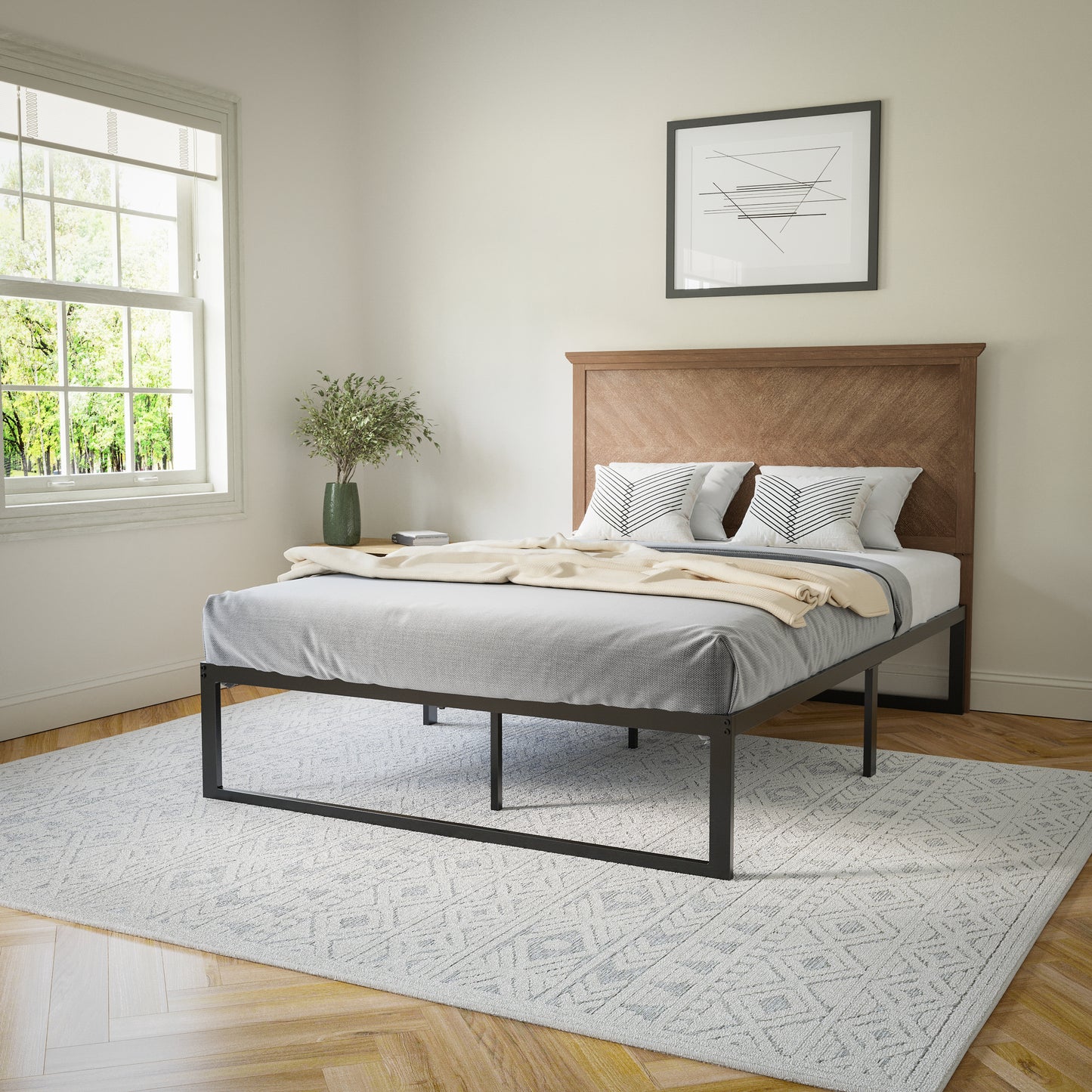 Fiona Full Size Herringbone Wooden Adjustable Headboard for Universal Metal Bed Frames Light Brown Light Brown
