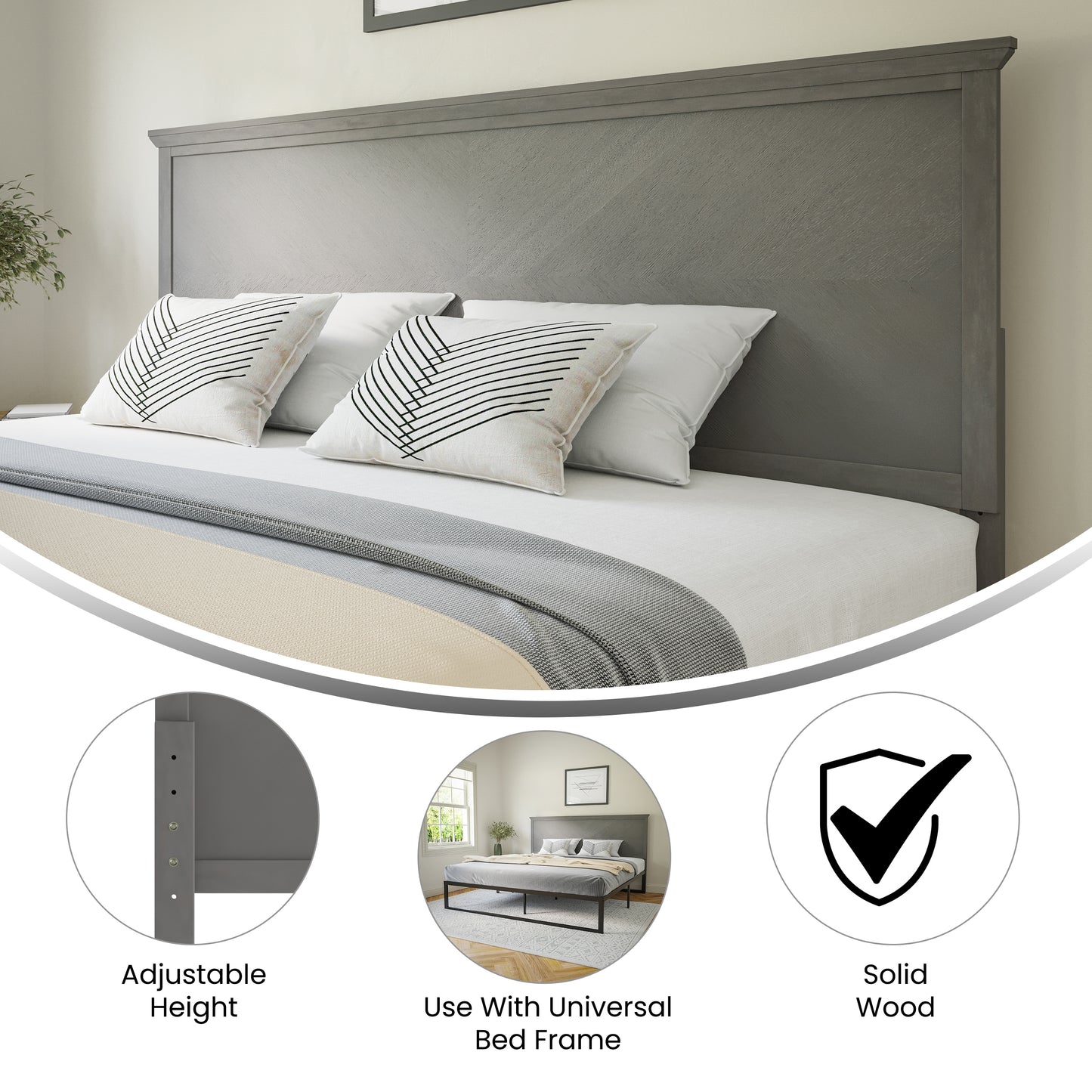 Fiona King Size Herringbone Wooden Adjustable Headboard for Universal Metal Bed Frames in Gray Wash Gray Wash