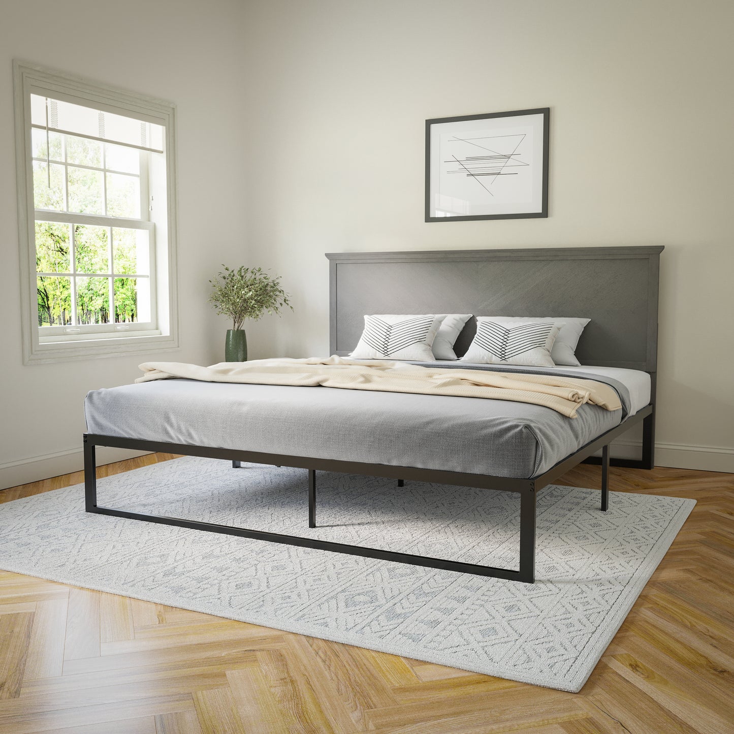 Fiona King Size Herringbone Wooden Adjustable Headboard for Universal Metal Bed Frames in Gray Wash Gray Wash