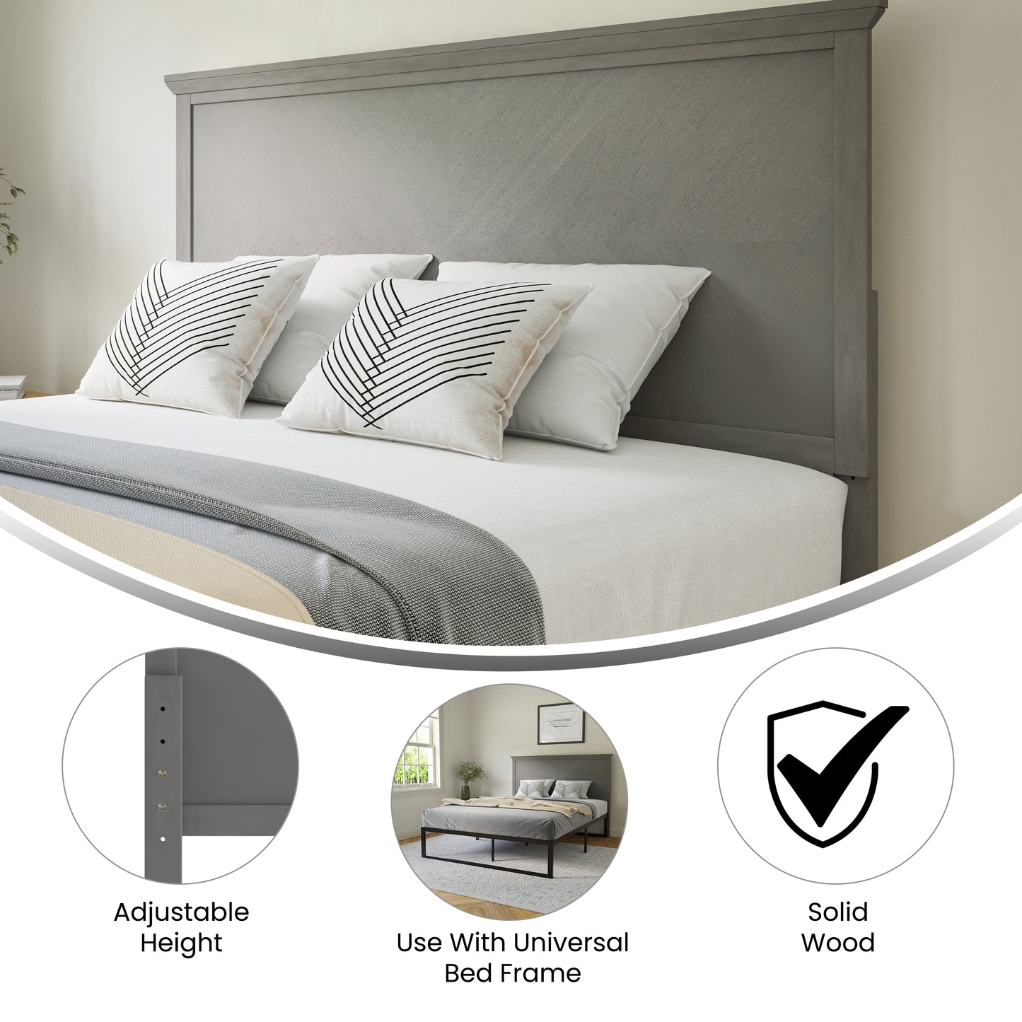 Fiona Queen Size Herringbone Wooden Adjustable Headboard for Universal Metal Bed Frames in Gray Wash Gray Wash