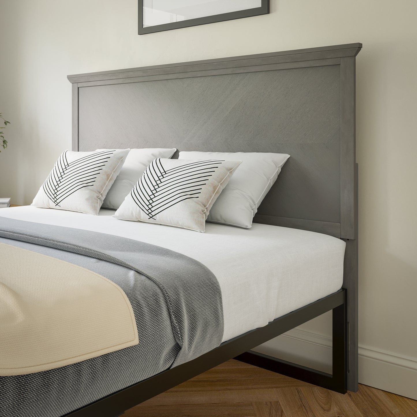 Fiona Queen Size Herringbone Wooden Adjustable Headboard for Universal Metal Bed Frames in Gray Wash Gray Wash