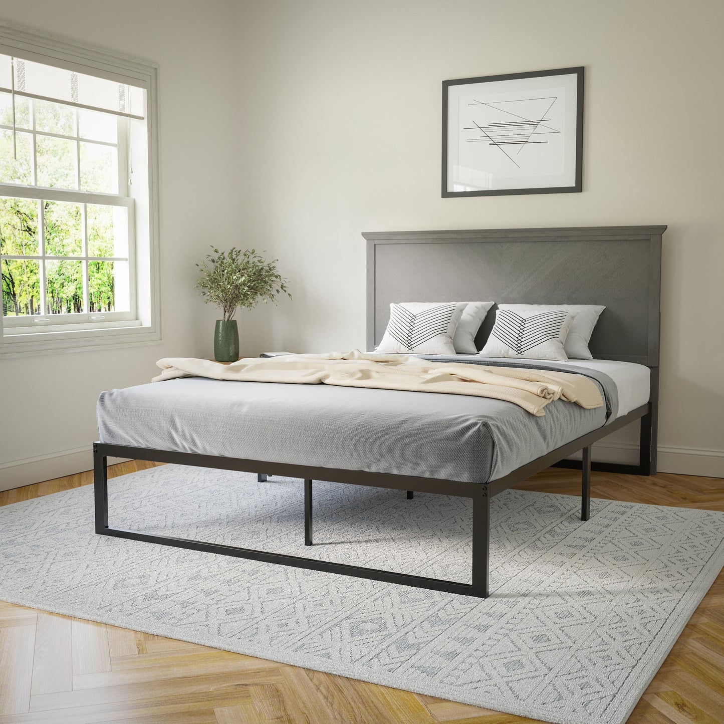 Fiona Queen Size Herringbone Wooden Adjustable Headboard for Universal Metal Bed Frames in Gray Wash Gray Wash