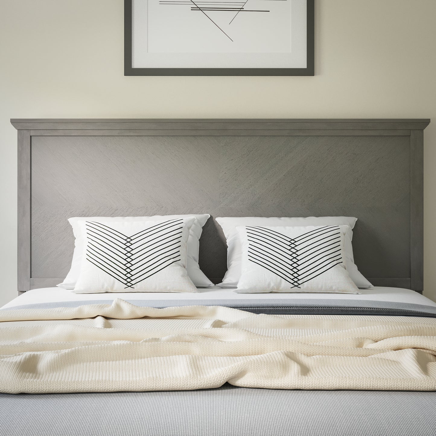 Fiona Queen Size Herringbone Wooden Adjustable Headboard for Universal Metal Bed Frames in Gray Wash Gray Wash