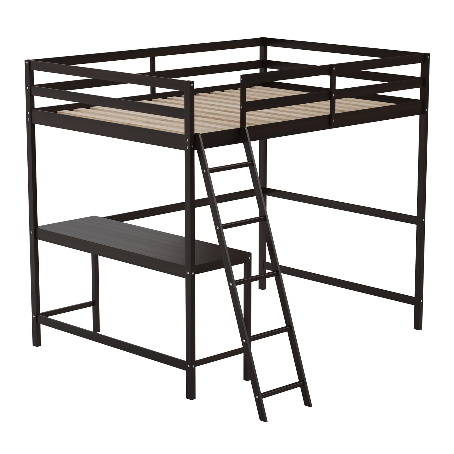 Riley Loft Bed Frame with Desk, Full Size Wooden Bed Frame with Protective Guard Rails & Ladder for Kids and Teens - Espresso Espresso