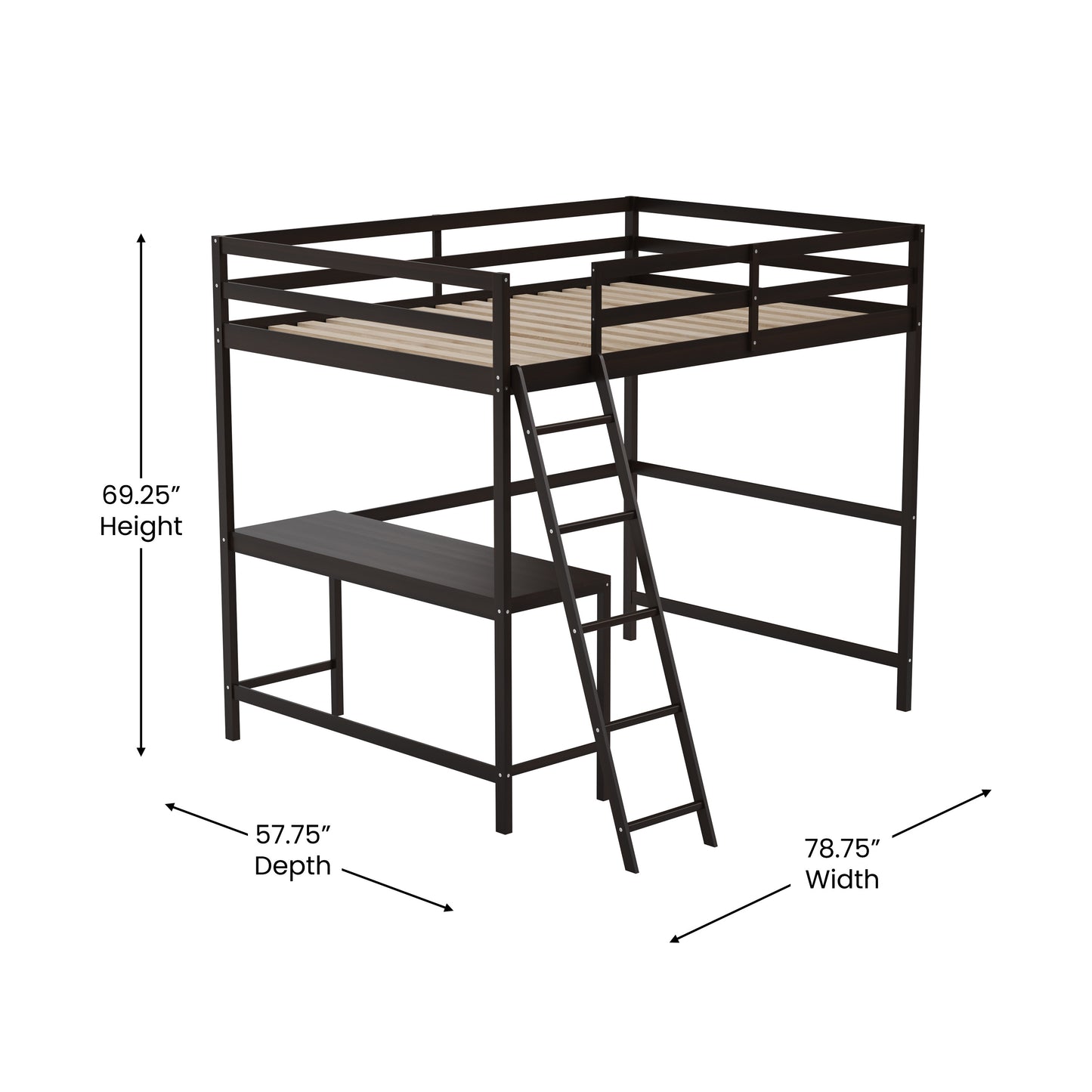 Riley Loft Bed Frame with Desk, Full Size Wooden Bed Frame with Protective Guard Rails & Ladder for Kids and Teens - Espresso Espresso