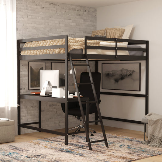 Riley Loft Bed Frame with Desk, Full Size Wooden Bed Frame with Protective Guard Rails & Ladder for Kids and Teens - Espresso Espresso MH-LBD5-ESP-F-GG