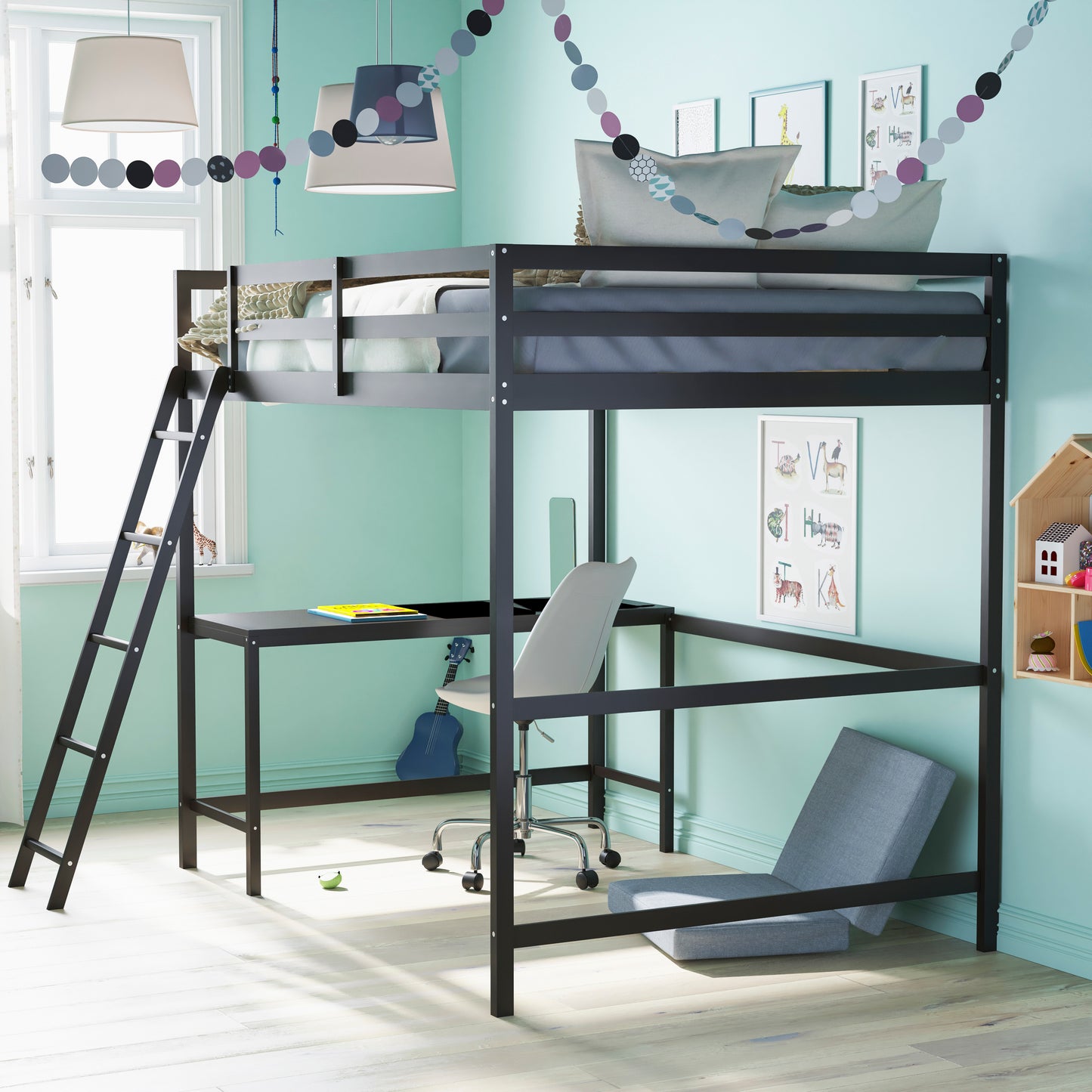 Riley Loft Bed Frame with Desk, Full Size Wooden Bed Frame with Protective Guard Rails & Ladder for Kids and Teens - Espresso Espresso