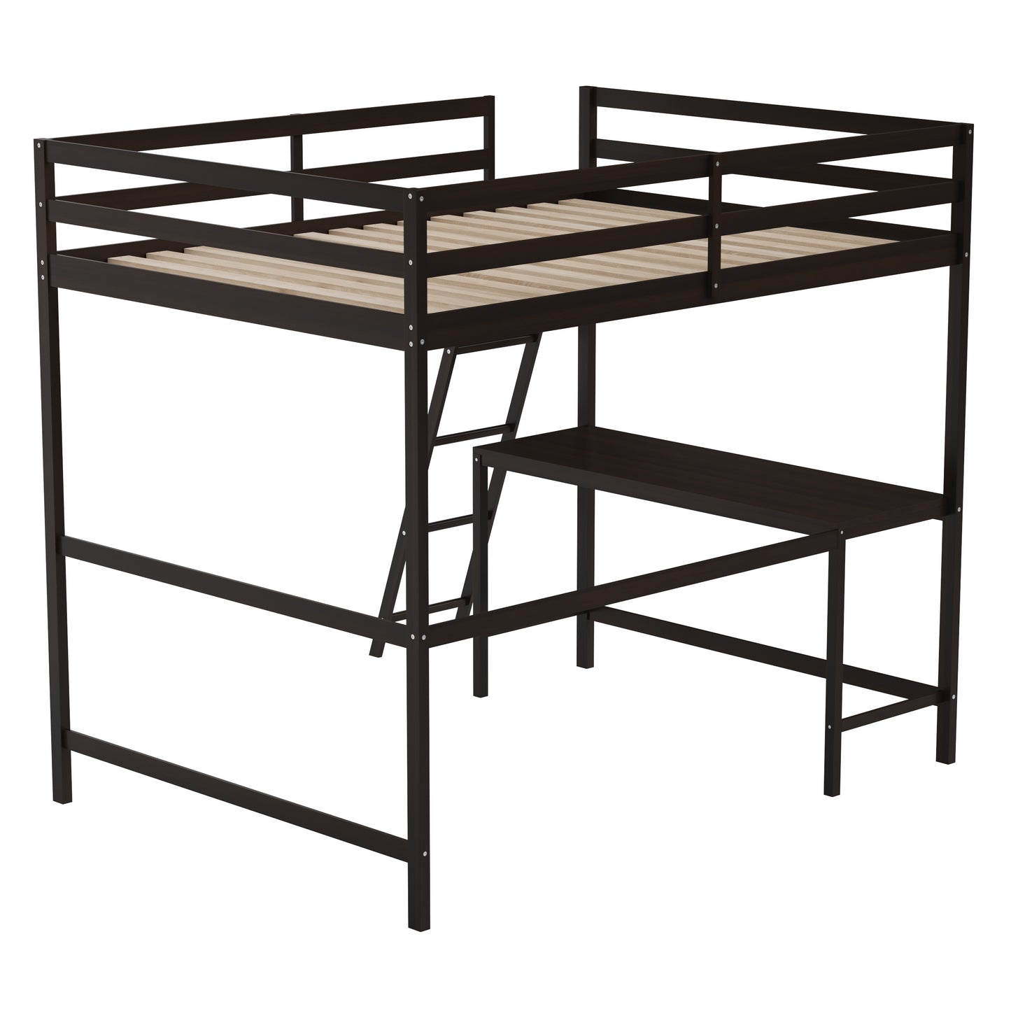 Riley Loft Bed Frame with Desk, Full Size Wooden Bed Frame with Protective Guard Rails & Ladder for Kids and Teens - Espresso Espresso