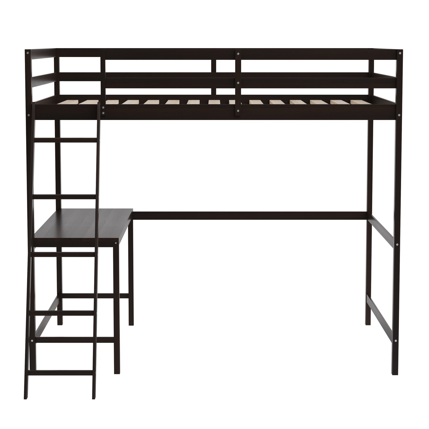 Riley Loft Bed Frame with Desk, Full Size Wooden Bed Frame with Protective Guard Rails & Ladder for Kids and Teens - Espresso Espresso