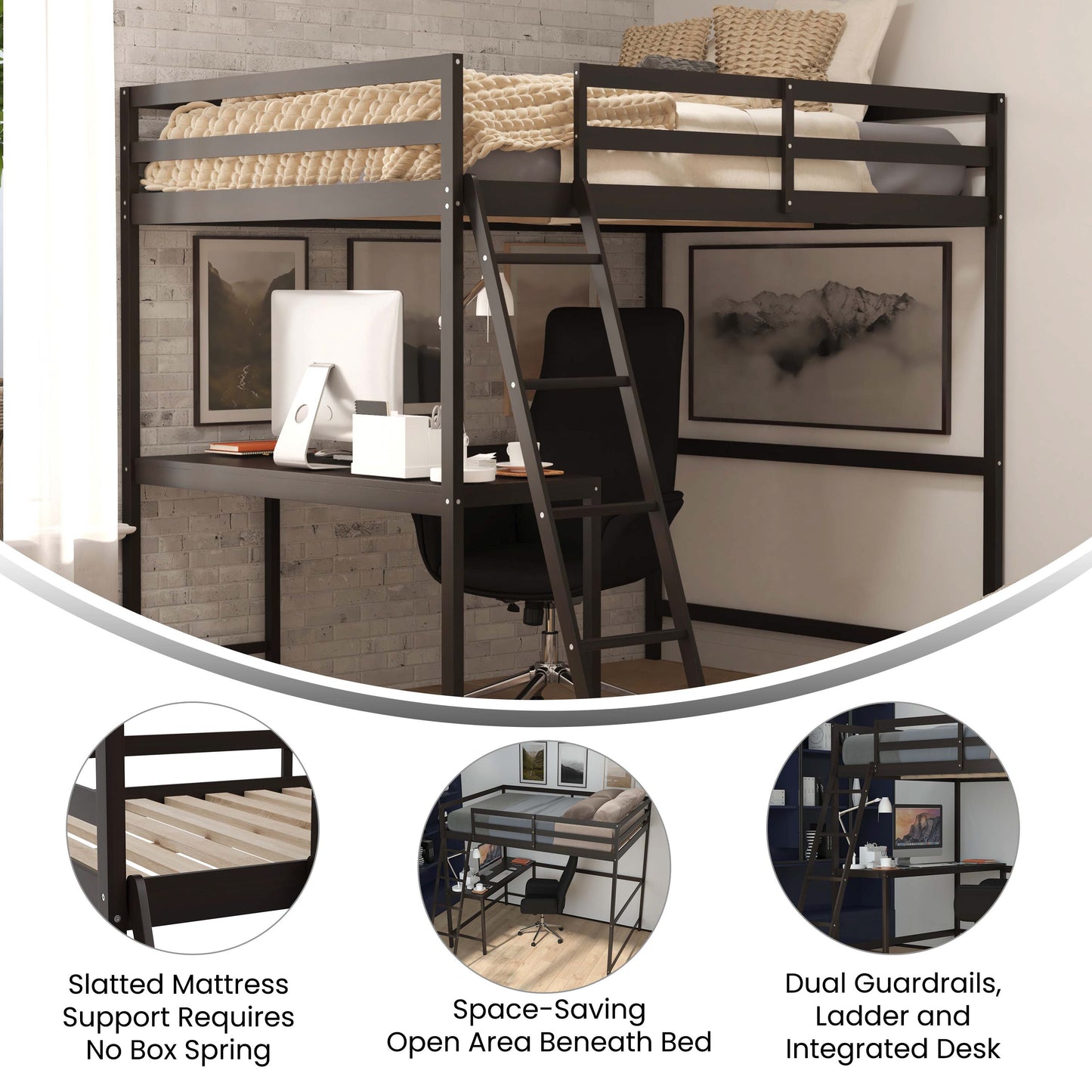 Riley Loft Bed Frame with Desk, Full Size Wooden Bed Frame with Protective Guard Rails & Ladder for Kids and Teens - Espresso Espresso