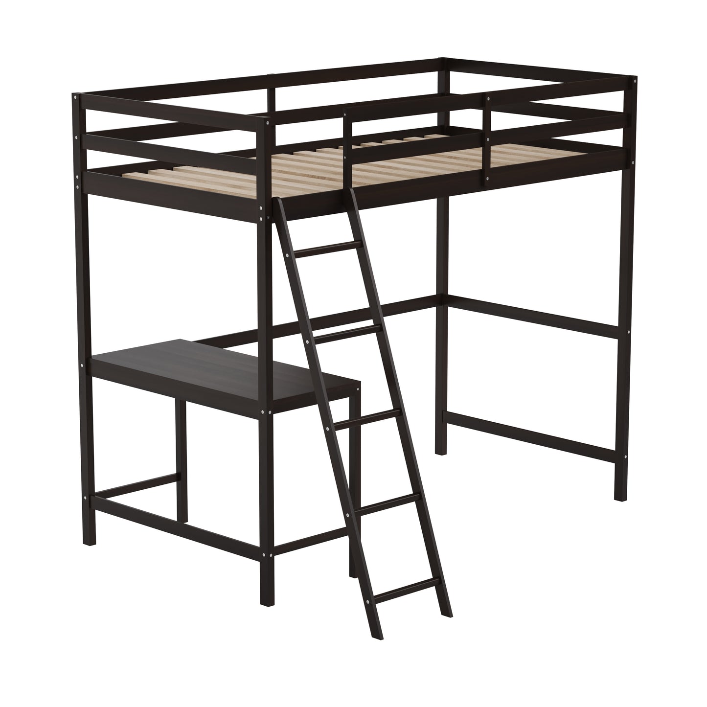 Riley Loft Bed Frame with Desk, Twin Size Wooden Bed Frame with Protective Guard Rails & Ladder for Kids and Teens - Espresso Espresso