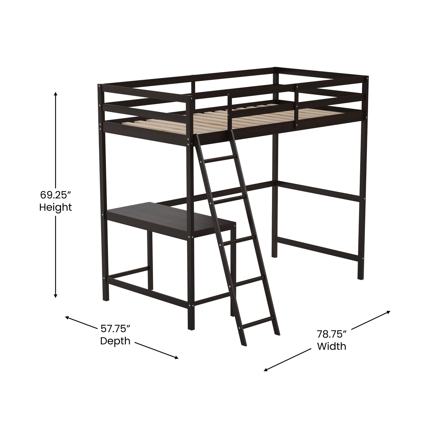 Riley Loft Bed Frame with Desk, Twin Size Wooden Bed Frame with Protective Guard Rails & Ladder for Kids and Teens - Espresso Espresso