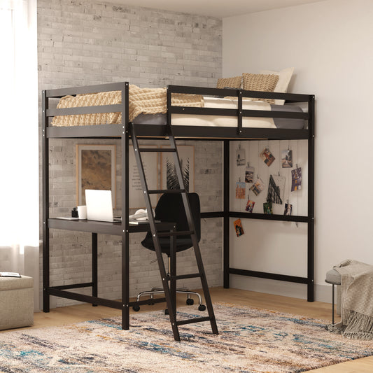 Riley Loft Bed Frame with Desk, Twin Size Wooden Bed Frame with Protective Guard Rails & Ladder for Kids and Teens - Espresso Espresso MH-LBD5-ESP-T-GG
