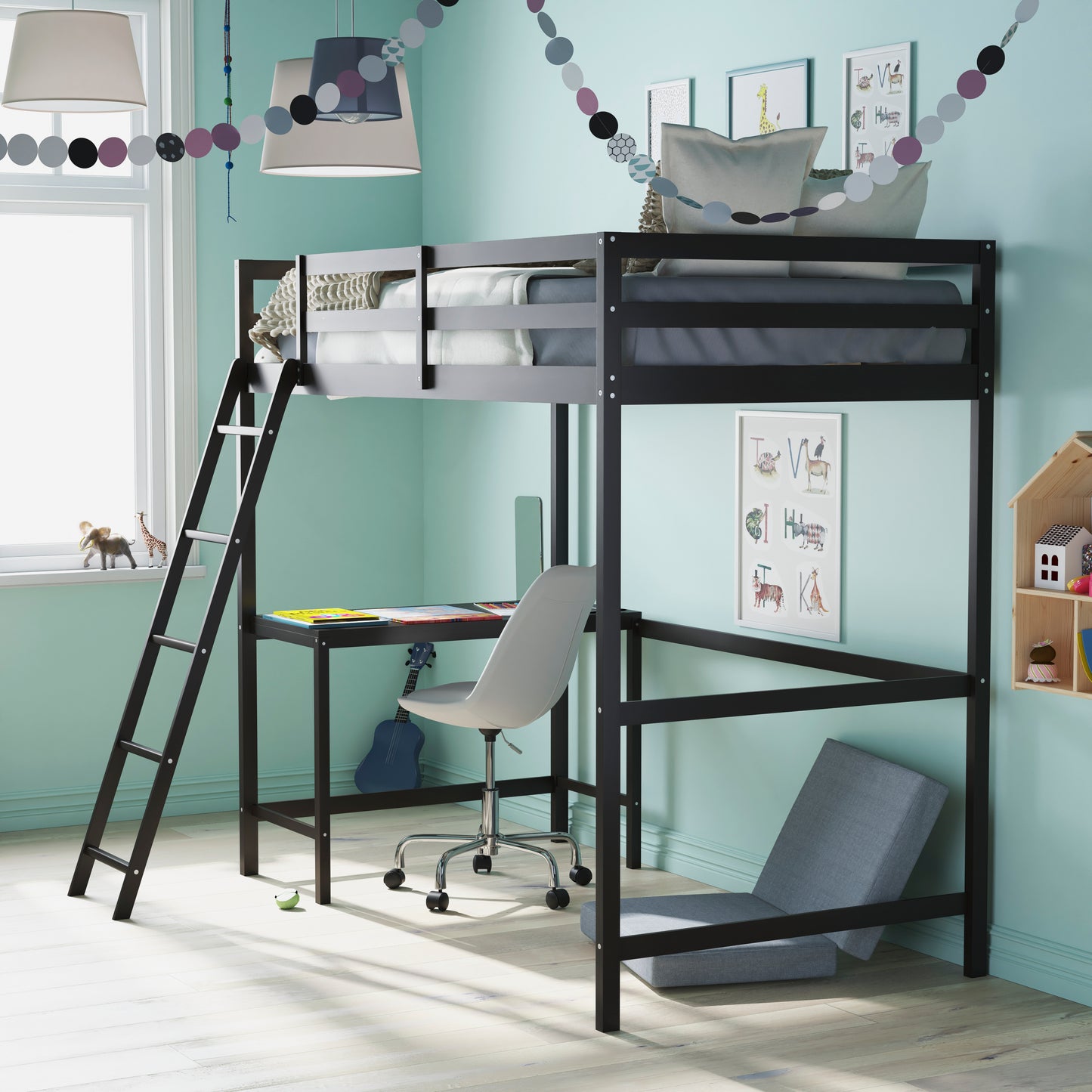 Riley Loft Bed Frame with Desk, Twin Size Wooden Bed Frame with Protective Guard Rails & Ladder for Kids and Teens - Espresso Espresso