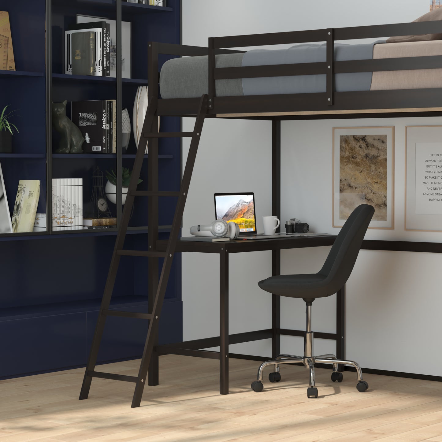 Riley Loft Bed Frame with Desk, Twin Size Wooden Bed Frame with Protective Guard Rails & Ladder for Kids and Teens - Espresso Espresso