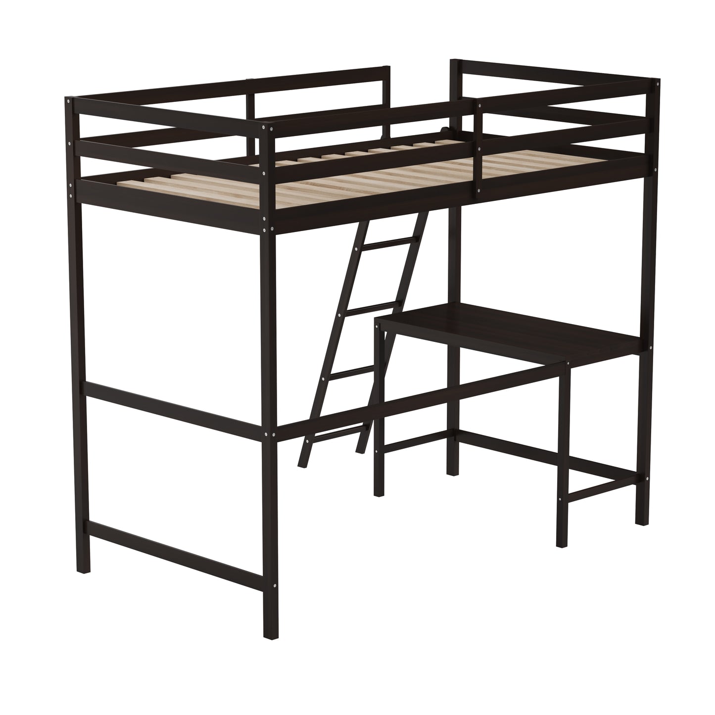 Riley Loft Bed Frame with Desk, Twin Size Wooden Bed Frame with Protective Guard Rails & Ladder for Kids and Teens - Espresso Espresso