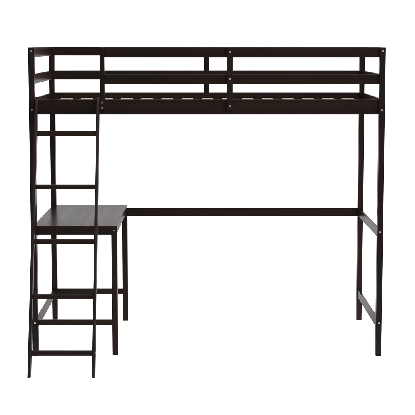 Riley Loft Bed Frame with Desk, Twin Size Wooden Bed Frame with Protective Guard Rails & Ladder for Kids and Teens - Espresso Espresso