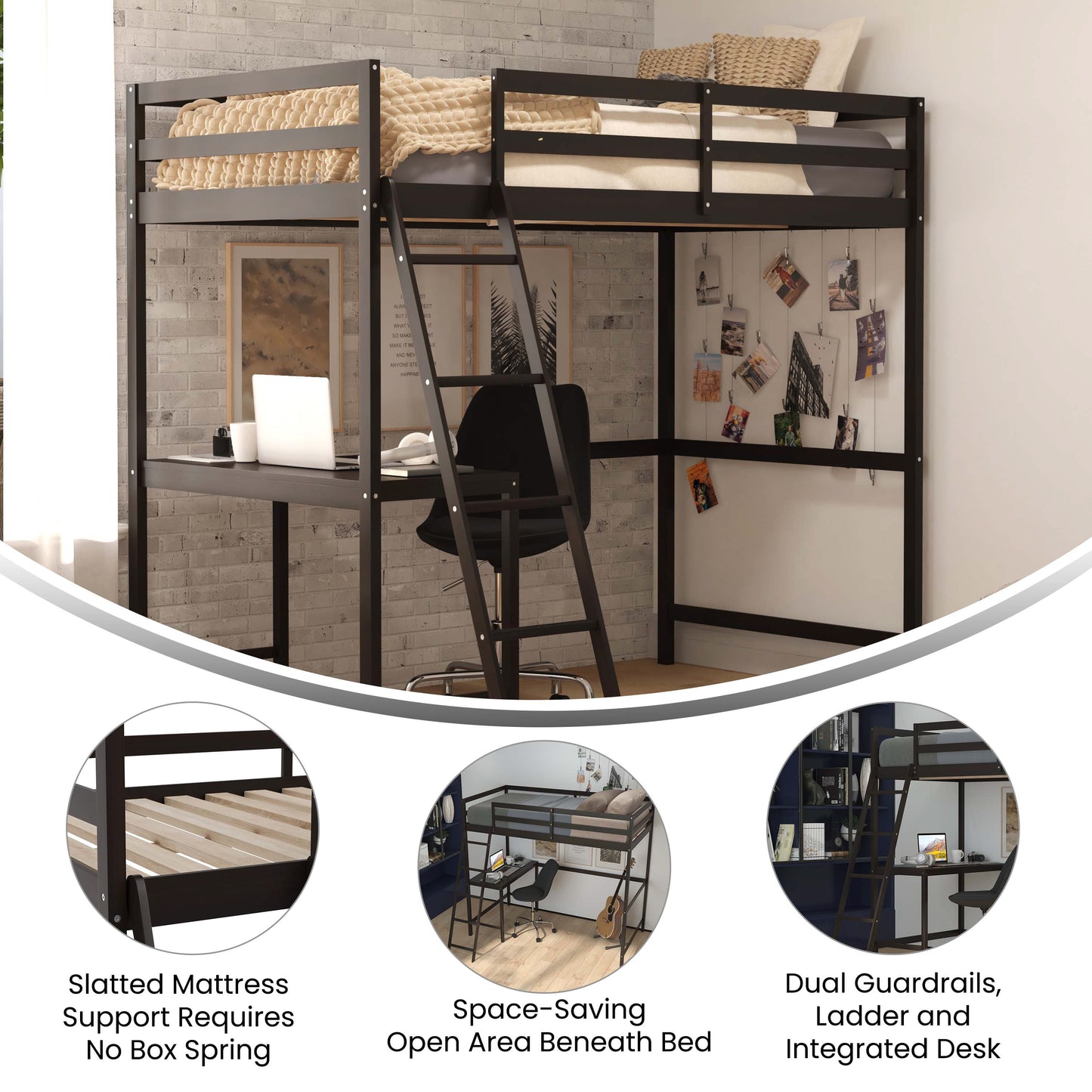 Riley Loft Bed Frame with Desk, Twin Size Wooden Bed Frame with Protective Guard Rails & Ladder for Kids and Teens - Espresso Espresso