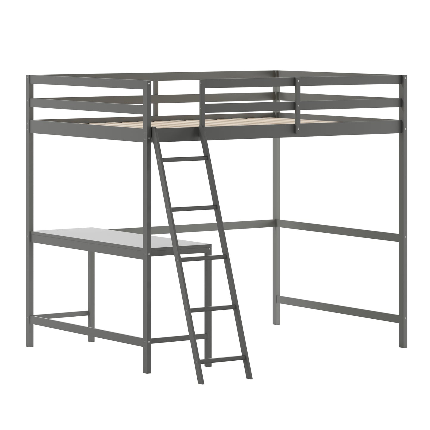 Riley Loft Bed Frame with Desk, Full Size Wooden Bed Frame with Protective Guard Rails & Ladder for Kids and Teens - Light Gray Light Gray