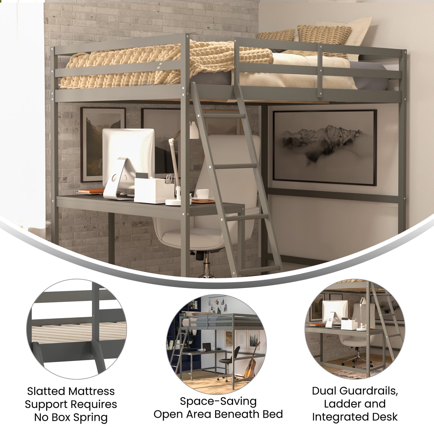 Riley Loft Bed Frame with Desk, Full Size Wooden Bed Frame with Protective Guard Rails & Ladder for Kids and Teens - Light Gray Light Gray