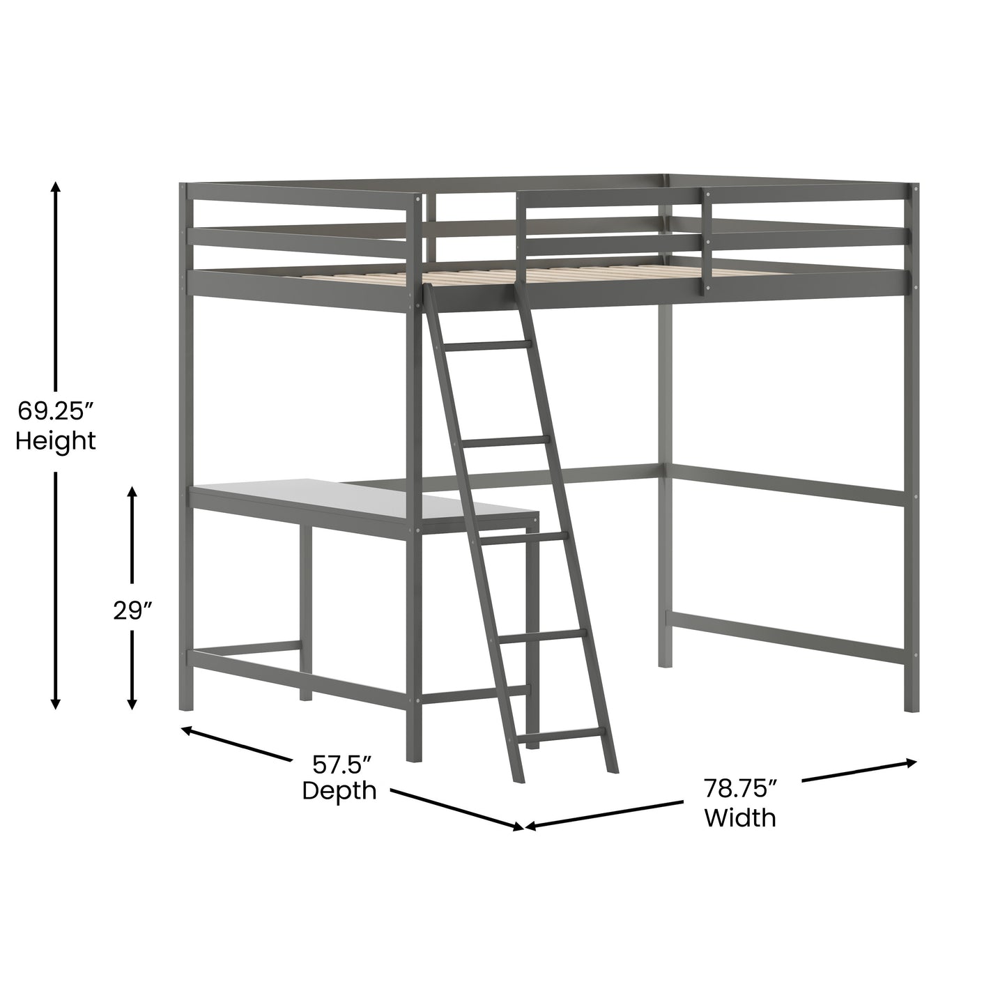Riley Loft Bed Frame with Desk, Full Size Wooden Bed Frame with Protective Guard Rails & Ladder for Kids and Teens - Light Gray Light Gray