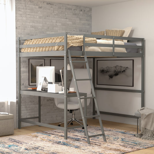 Riley Loft Bed Frame with Desk, Full Size Wooden Bed Frame with Protective Guard Rails & Ladder for Kids and Teens - Light Gray Light Gray MH-LBD5-LGY-F-GG