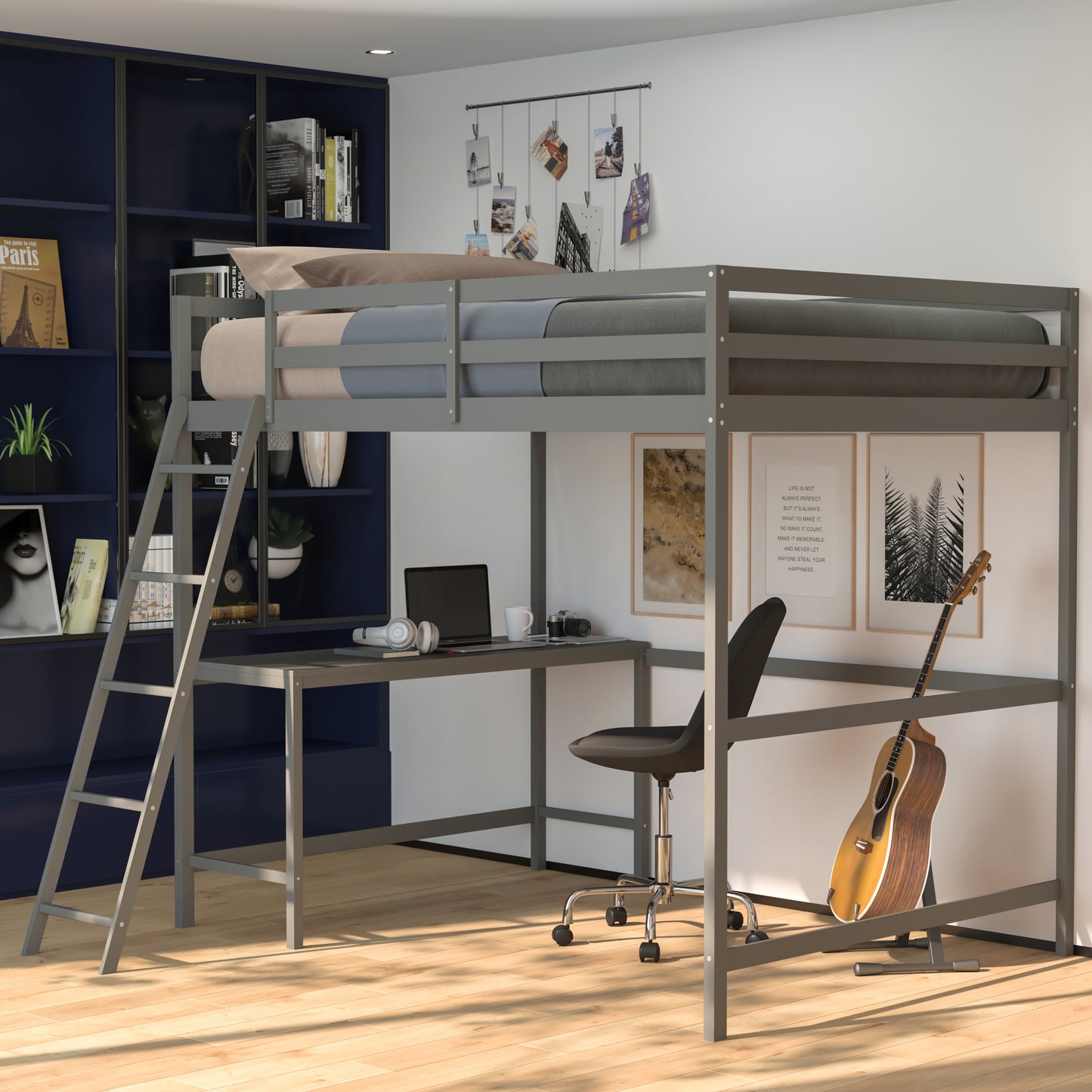 Riley Loft Bed Frame with Desk, Full Size Wooden Bed Frame with Protective Guard Rails & Ladder for Kids and Teens - Light Gray Light Gray