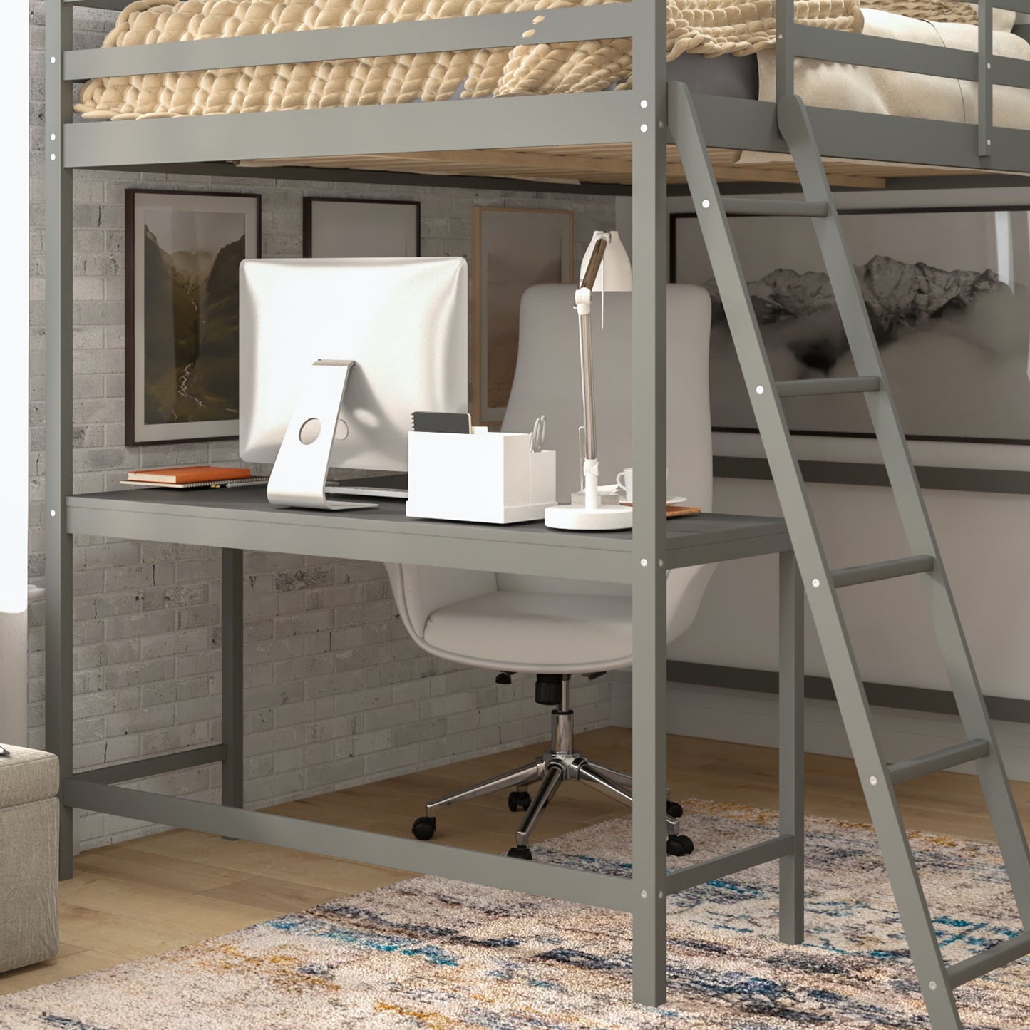 Riley Loft Bed Frame with Desk, Full Size Wooden Bed Frame with Protective Guard Rails & Ladder for Kids and Teens - Light Gray Light Gray