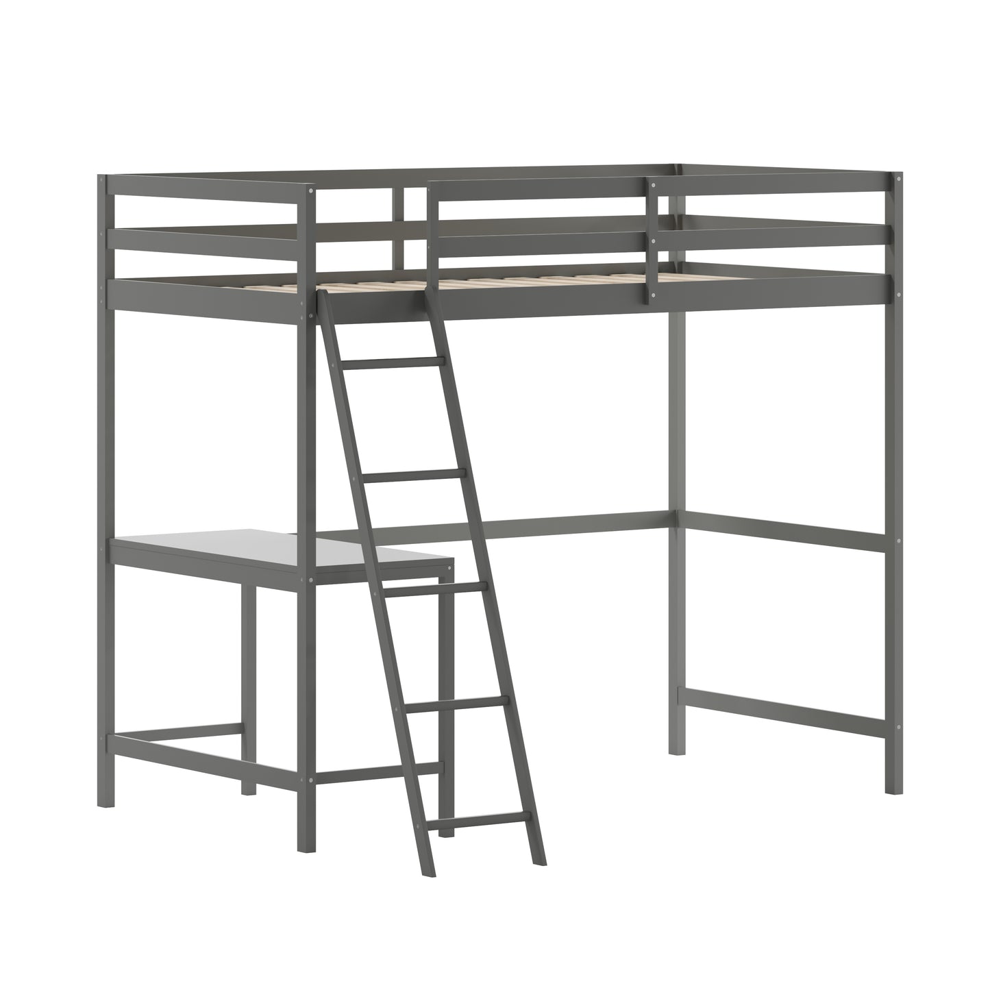 Riley Loft Bed Frame with Desk, Twin Size Wooden Bed Frame with Protective Guard Rails & Ladder for Kids and Teens - Light Gray Light Gray