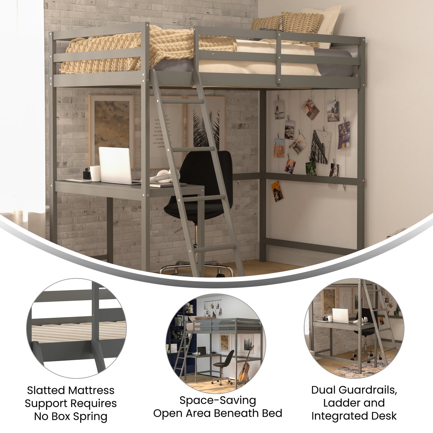 Riley Loft Bed Frame with Desk, Twin Size Wooden Bed Frame with Protective Guard Rails & Ladder for Kids and Teens - Light Gray Light Gray