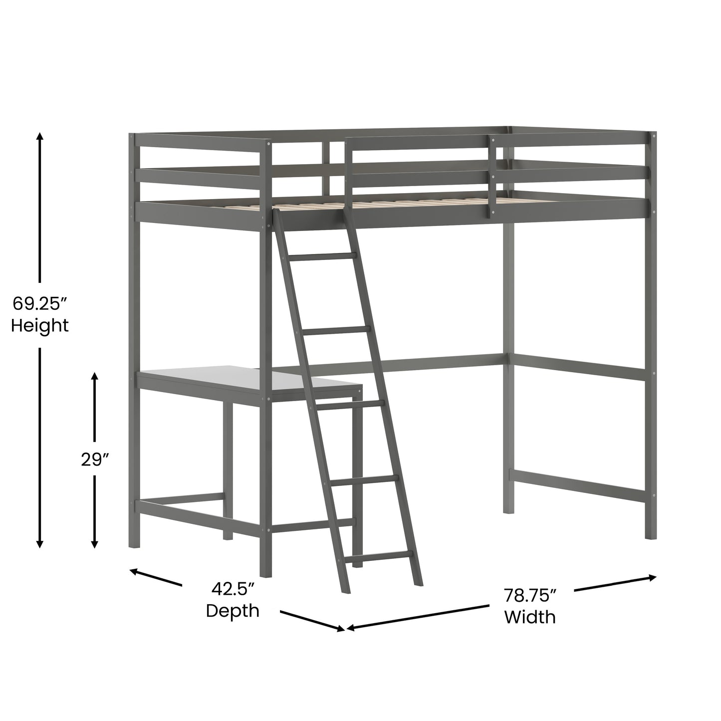 Riley Loft Bed Frame with Desk, Twin Size Wooden Bed Frame with Protective Guard Rails & Ladder for Kids and Teens - Light Gray Light Gray