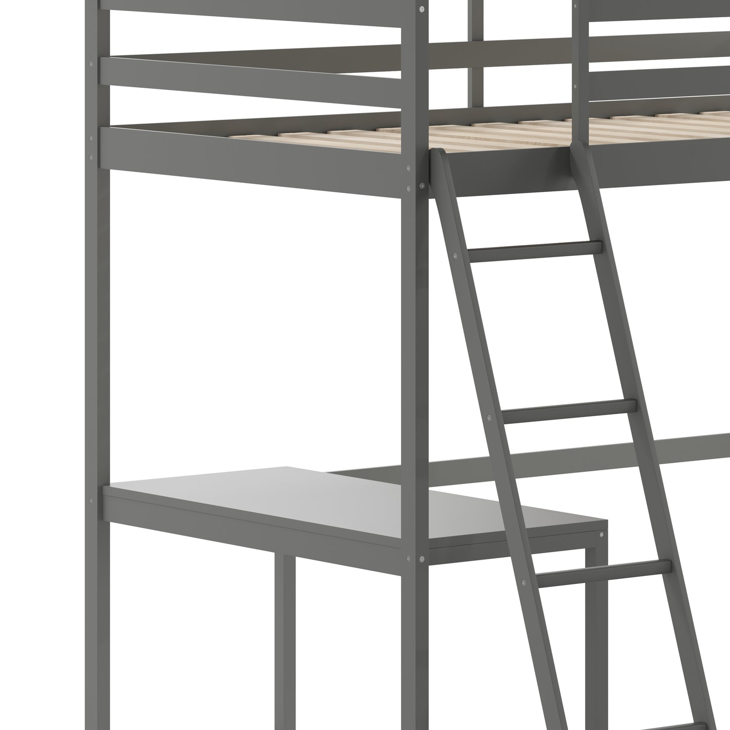 Riley Loft Bed Frame with Desk, Twin Size Wooden Bed Frame with Protective Guard Rails & Ladder for Kids and Teens - Light Gray Light Gray