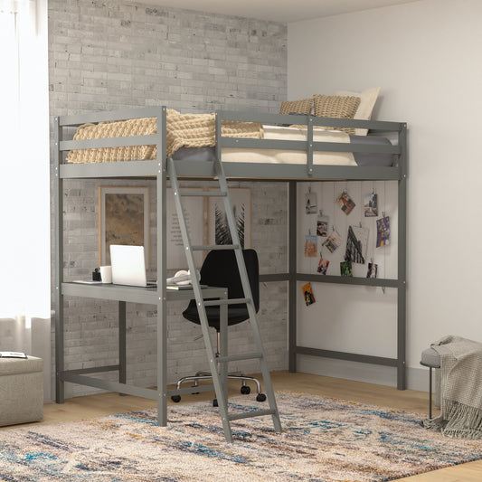 Riley Loft Bed Frame with Desk, Twin Size Wooden Bed Frame with Protective Guard Rails & Ladder for Kids and Teens - Light Gray Light Gray MH-LBD5-LGY-T-GG