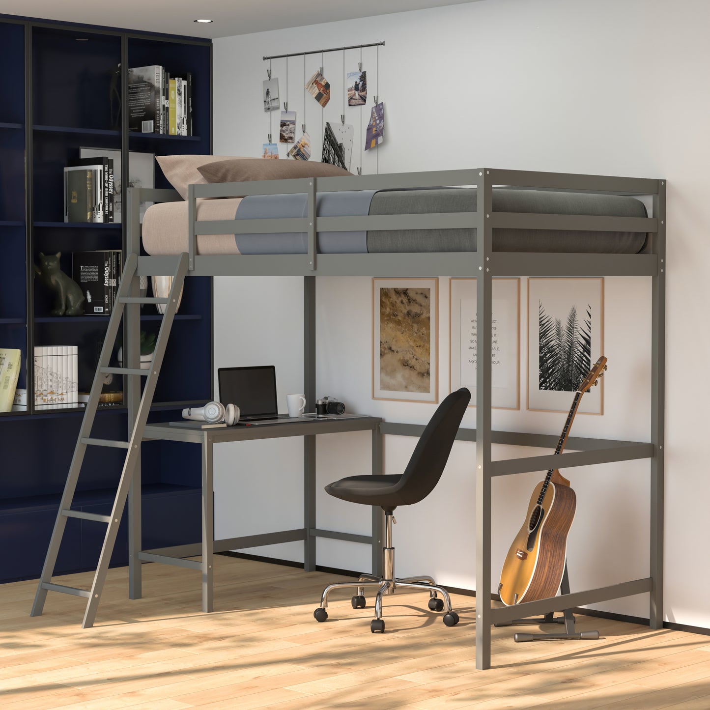 Riley Loft Bed Frame with Desk, Twin Size Wooden Bed Frame with Protective Guard Rails & Ladder for Kids and Teens - Light Gray Light Gray