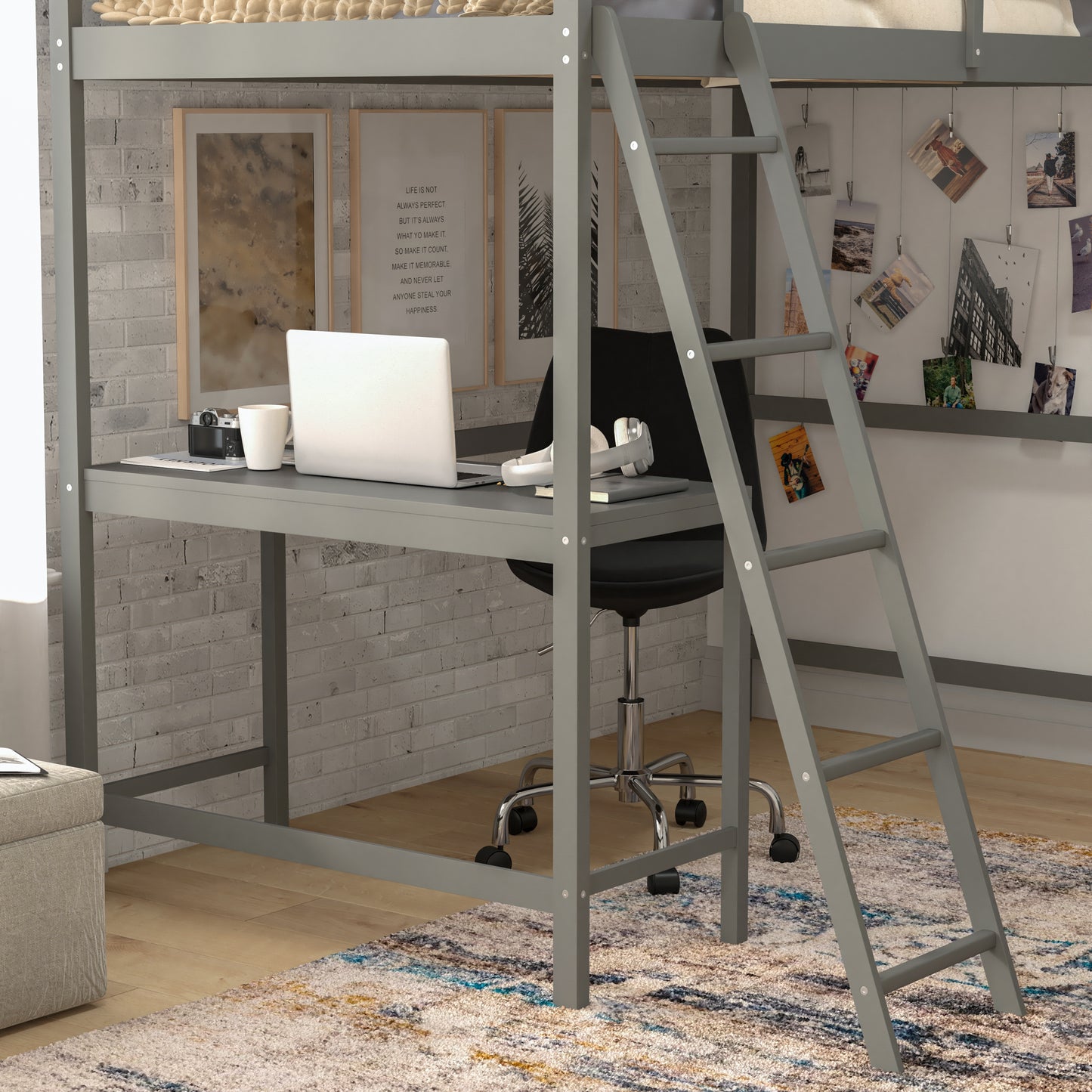 Riley Loft Bed Frame with Desk, Twin Size Wooden Bed Frame with Protective Guard Rails & Ladder for Kids and Teens - Light Gray Light Gray