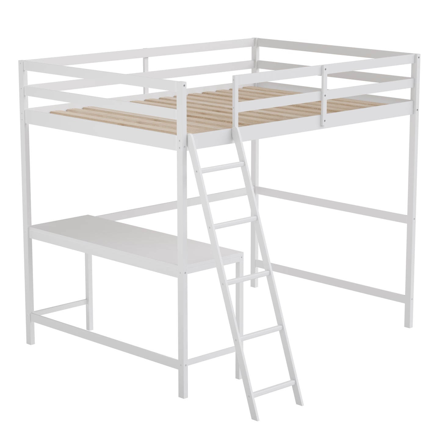 Riley Loft Bed Frame with Desk, Full Size Wooden Bed Frame with Protective Guard Rails & Ladder for Kids and Teens - White White