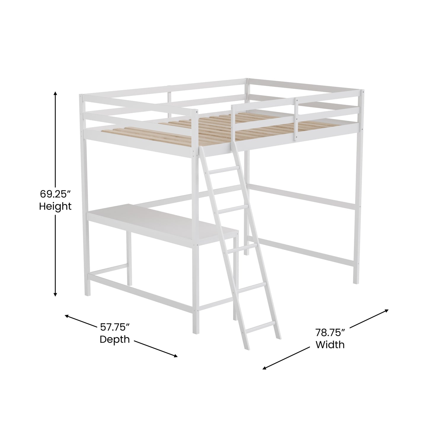 Riley Loft Bed Frame with Desk, Full Size Wooden Bed Frame with Protective Guard Rails & Ladder for Kids and Teens - White White