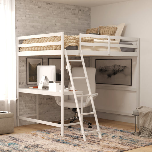 Riley Loft Bed Frame with Desk, Full Size Wooden Bed Frame with Protective Guard Rails & Ladder for Kids and Teens - White White MH-LBD5-WH-F-GG