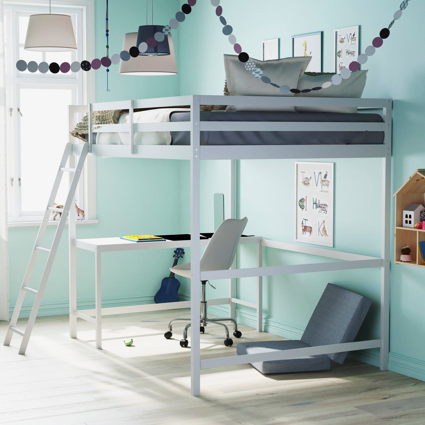 Riley Loft Bed Frame with Desk, Full Size Wooden Bed Frame with Protective Guard Rails & Ladder for Kids and Teens - White White