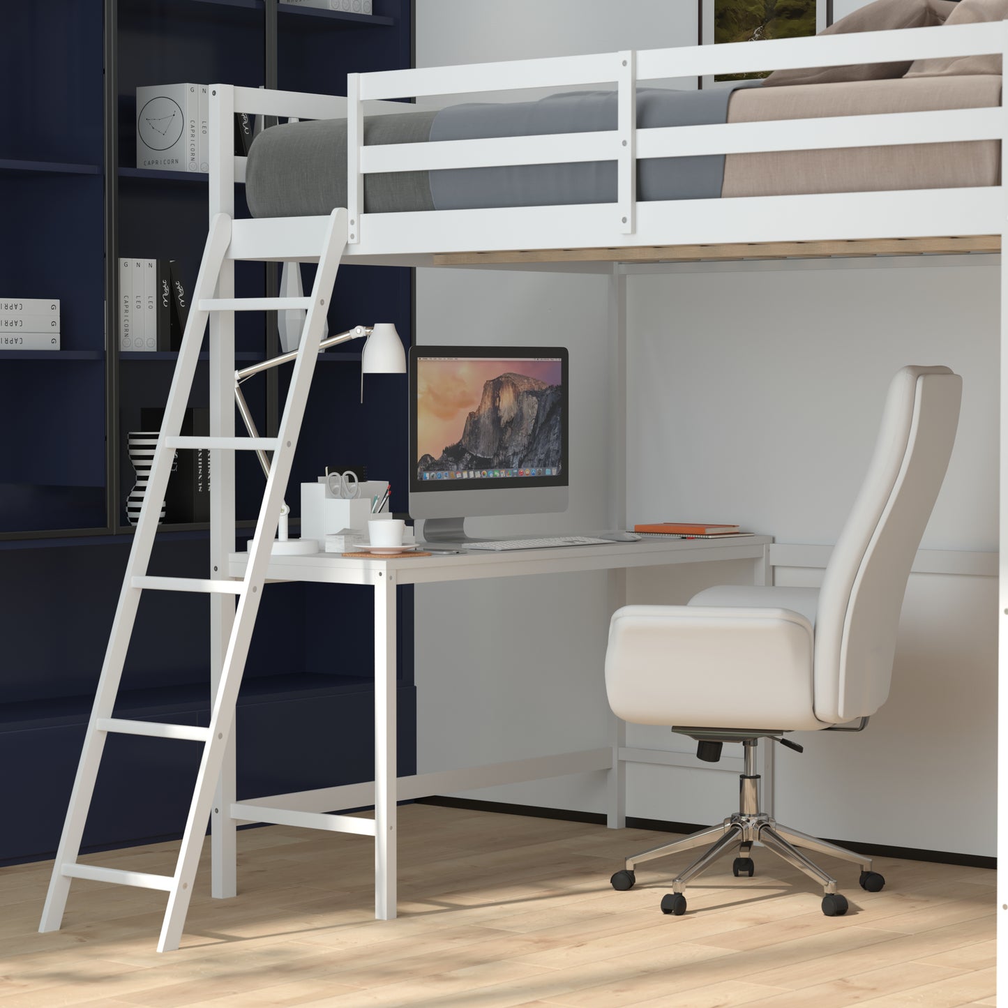 Riley Loft Bed Frame with Desk, Full Size Wooden Bed Frame with Protective Guard Rails & Ladder for Kids and Teens - White White