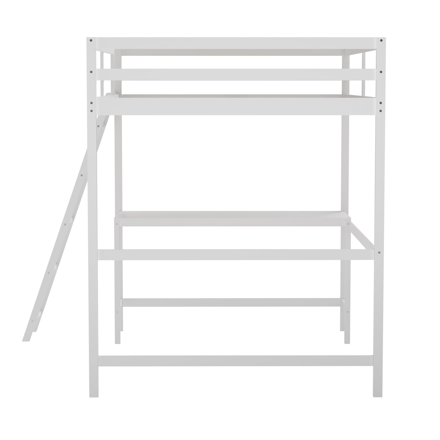Riley Loft Bed Frame with Desk, Full Size Wooden Bed Frame with Protective Guard Rails & Ladder for Kids and Teens - White White