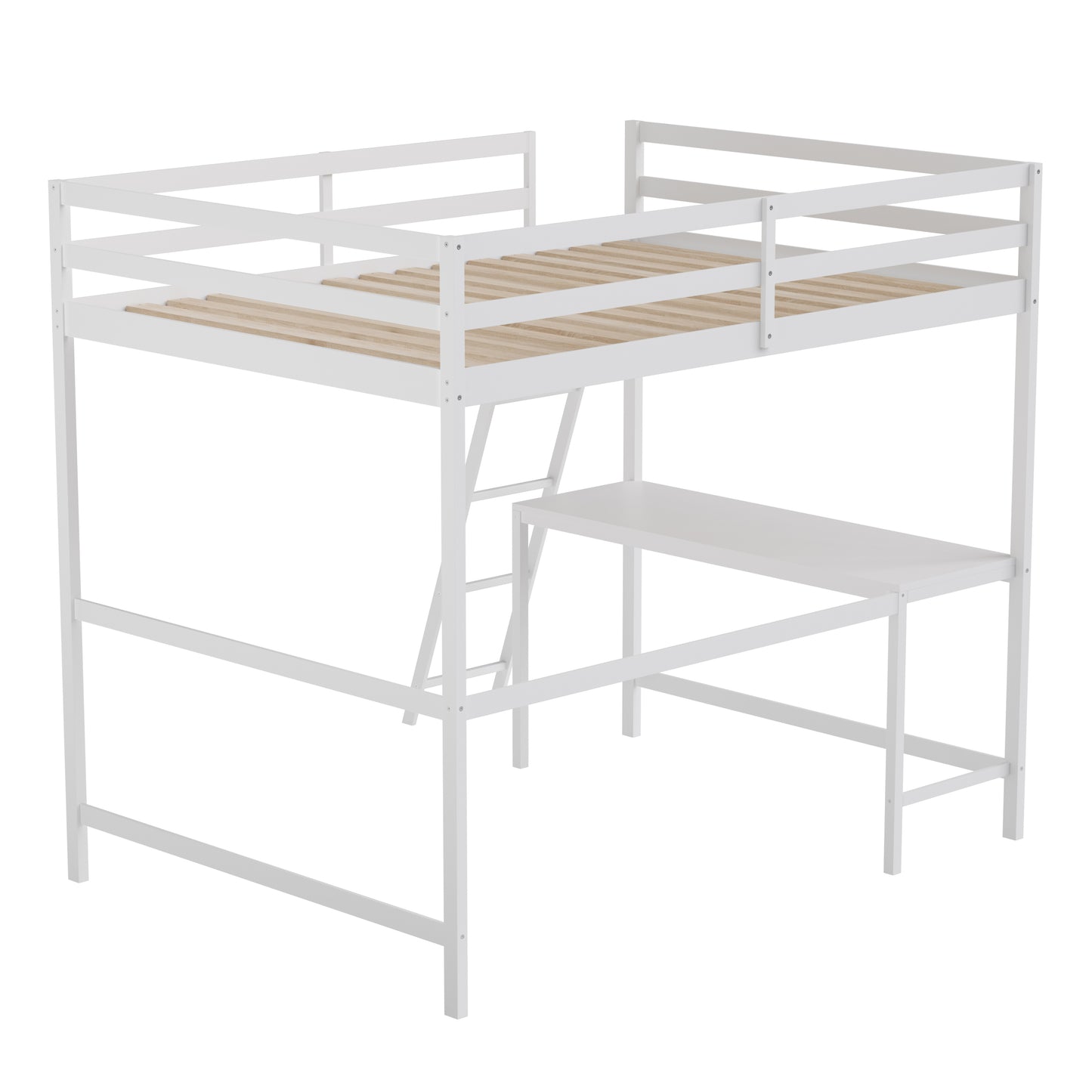 Riley Loft Bed Frame with Desk, Full Size Wooden Bed Frame with Protective Guard Rails & Ladder for Kids and Teens - White White