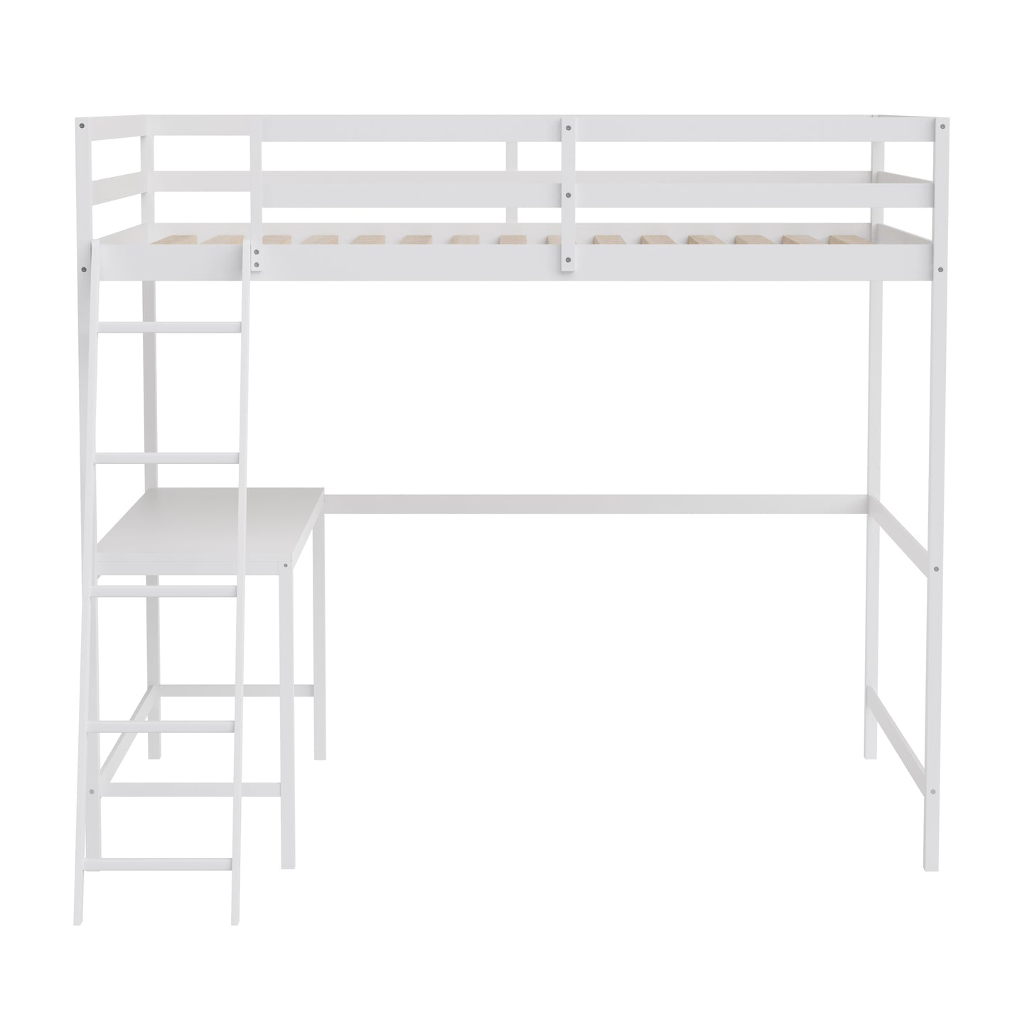 Riley Loft Bed Frame with Desk, Full Size Wooden Bed Frame with Protective Guard Rails & Ladder for Kids and Teens - White White