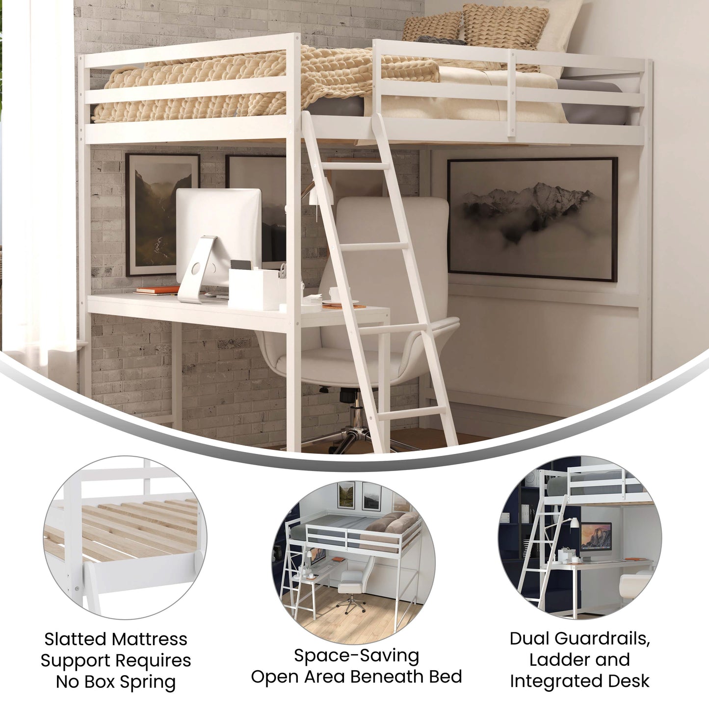 Riley Loft Bed Frame with Desk, Full Size Wooden Bed Frame with Protective Guard Rails & Ladder for Kids and Teens - White White